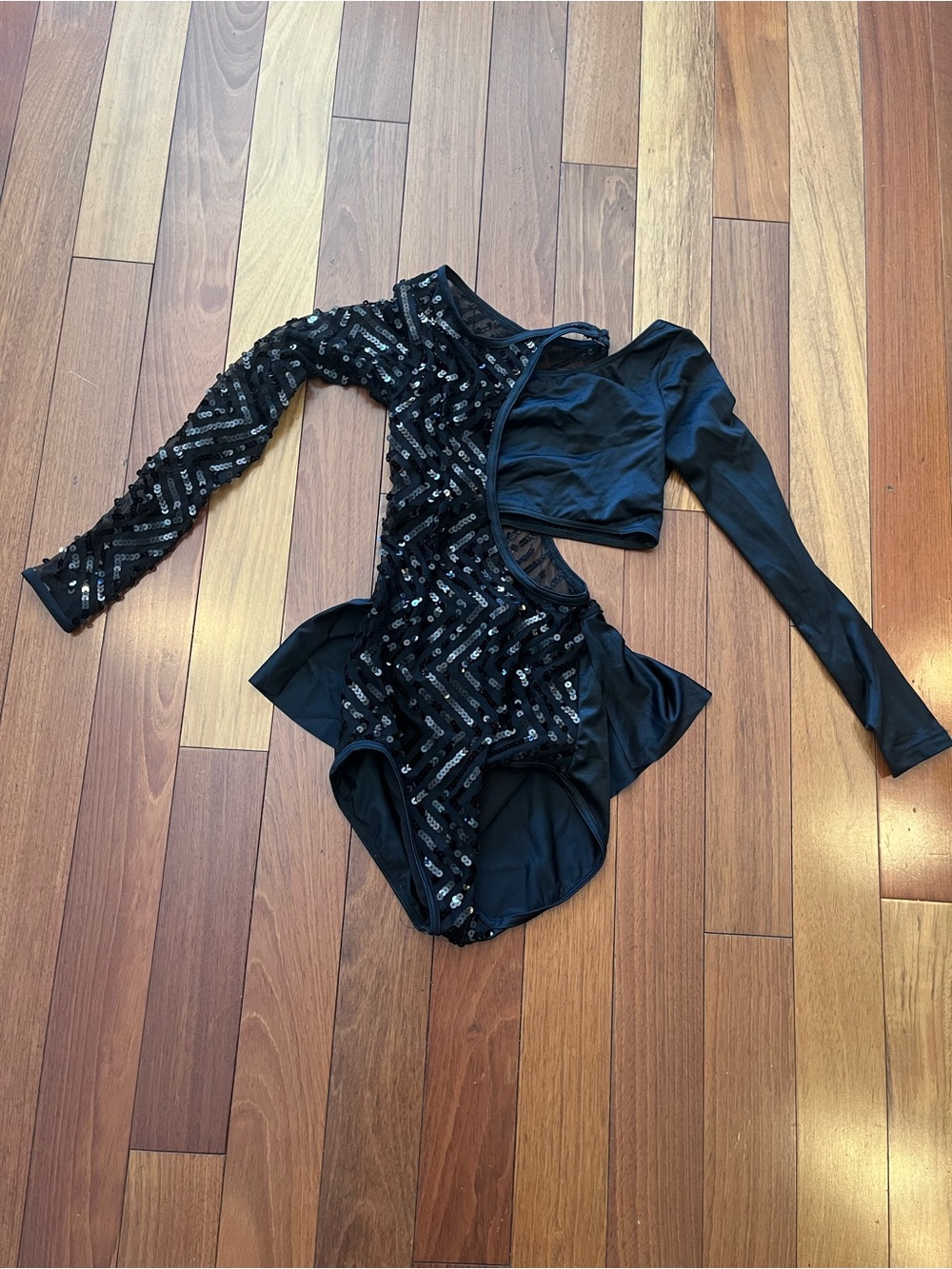 Black Sequin Long-Sleeve Asymmetric Dance Top